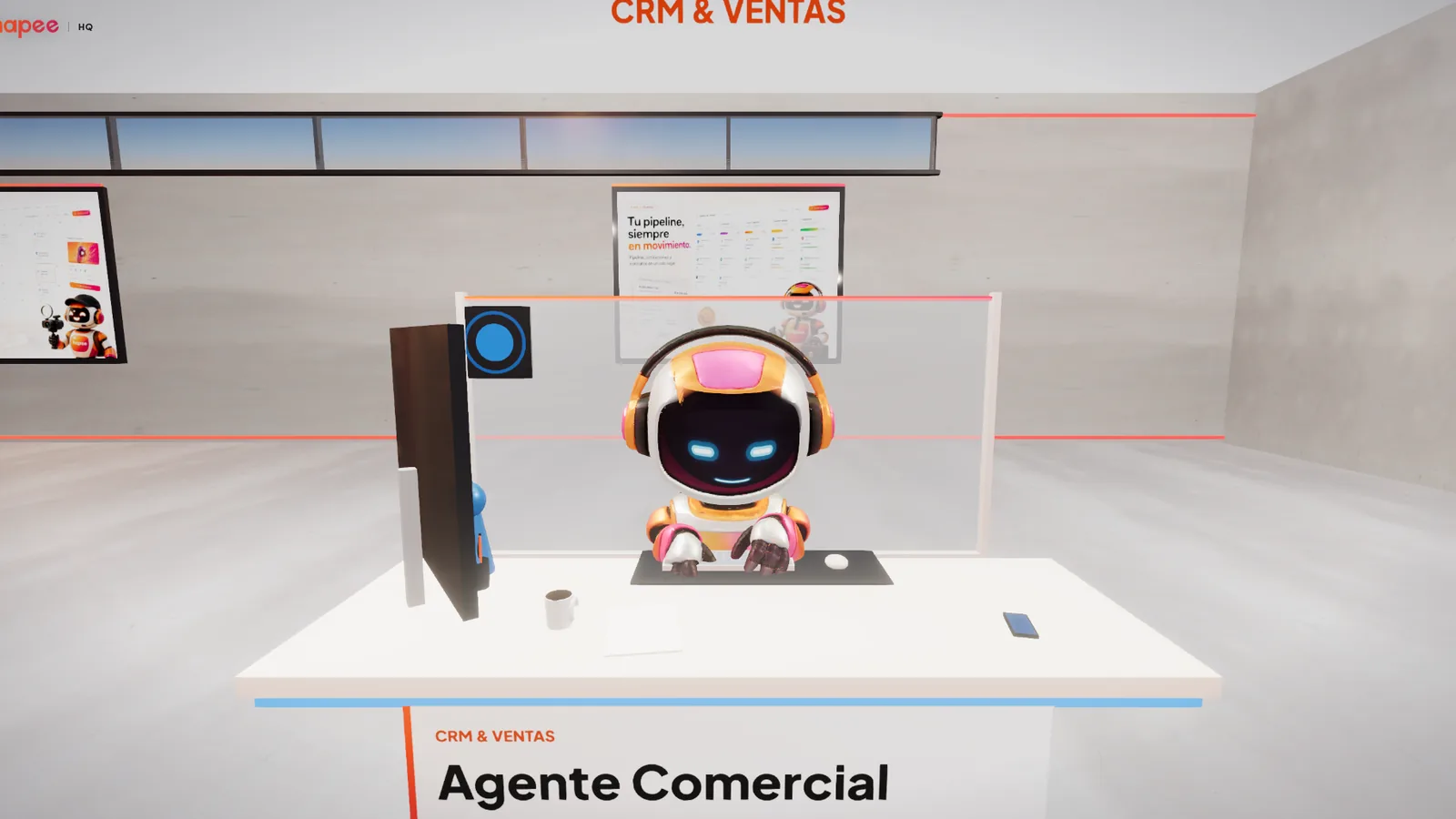 Hapee HQ: un robot de Hapee con ojos de línea láser trabajando en su escritorio dentro de la oficina 3D