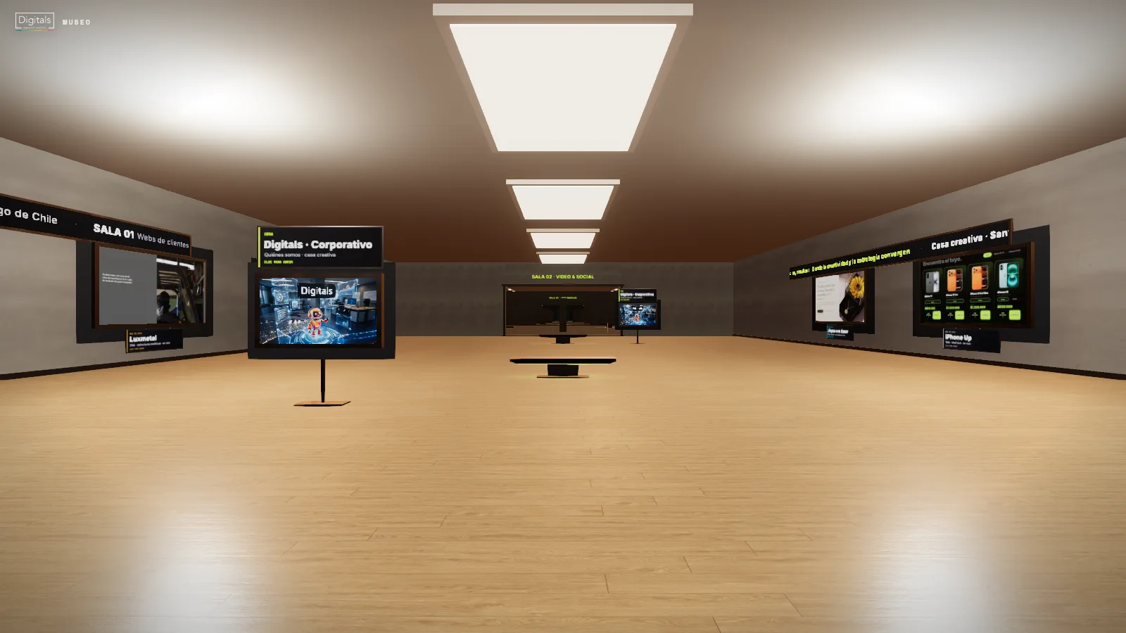 Sala del Museo Digitals en 3D: pantallas con webs y piezas de video en una galería iluminada